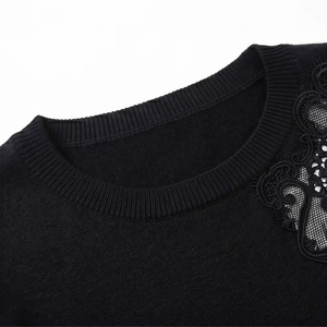 Suéter de Mujer con Detalle de Encaje Negro, Manga Larga, Cuello Redondo, Blusa de Punto para Uso Diario - Product Image 4