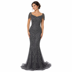 Vestido de Noche Largo Gris Sirena Moderno y Lujoso con Bordado de Cuentas y Manga Corta de Tul |   Ropa Elegante para Fiesta para Mujer OEM - Product Image 1