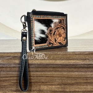 Branded Custom Hand Tooled Cowhide Leather Stylish <b>Credit</b> <b>Card</b> <b>Holder</b> Wallet Travel Shopping Use Zipper Closure Wallet for Women - Product Image 1