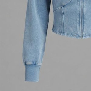 Trendiness Custom Logo Women's Light Blue Hooded Sweatshirt Full Sleeve Knitted Solid Color Short Length Breathable Autumn - Product Image 5