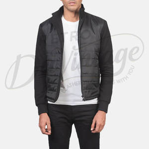Chaqueta híbrida acolchada negra para hombre, corte ajustado, parte delantera acolchada con mangas de algodón y forro polar, informal, cálida para invierno, con cierre de cremallera. - Product Image 4