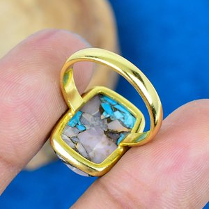 Handmade Pink Opal Copper Turquoise Cushion Shape Gemstone Rings 18k Gold Microne Over 925 Sterling Silver - Product Image 4