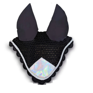 Cache-oreilles professionnel pour cheval, en maille noire, avec protection anti-mouches et patch holographique pour la protection à l'équitation - Product Image 1
