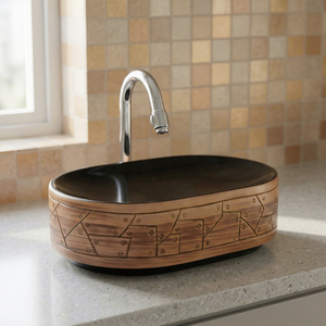 Lavabo de salle de bain de luxe en céramique bicolore moderne, lavabo artistique à poser sur comptoir - Product Image 4