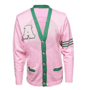 Cardigan en acrylique rose pour sororité, tricoté, à rayures vertes, col en V, boutonné sur le devant, avec logo AKA en lettres grecques, manches rayées, style collage - Product Image 1