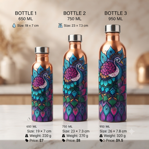 Decorative Copper Water <b>Bottle</b> with Peacock Floral Artwork, Leakproof Screw Cap, Reusable Ayurvedic Hydration Flask for Travel - Product Image 6