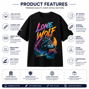 Camiseta Larga Negra para Hombre Lone Wolf con Estampado por Transferencia Térmica, Manga Corta, Cuello Redondo, Corte Regular, Informal, 100% Algodón Jersey Transpirable - Product Image 4