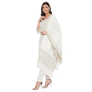 Collection Safaa Été 2026 : Ensemble en coton tissé Chikankari gris de qualité supérieure – Tissu non coupé avec dupatta - Product Image 4