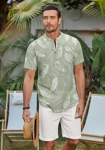 Men's Tropical Leaf Print Short Sleeve Shirt <b>Set</b> Casual Summer Outfit White and Green Top Breathable Cotton <b>Knitted</b> Fabric - Product Image 3