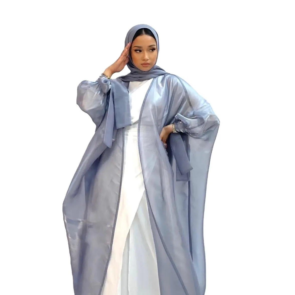 Viskose Glänzend seidig Luxus Modest Dubai Abaya Frauen Muslim Kleid Abaya Robe Offene Front Baggy Frauen Abaya 2 Stück Kaftan