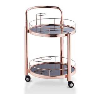 Chariot de bar à deux niveaux avec structure en métal, étagères en bois, porte-vin, porte-verres suspendu, chariot de service mobile, moderne et fonctionnel - Product Image 2