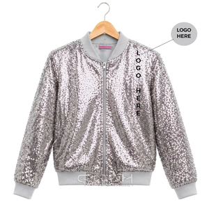 Cosh International Women’s <b>Silver</b> <b>Sequin</b> Varsity Baseball <b>Jacket</b> Winter Casual Loose Fit Zip Up Greek Apparel - Product Image 1