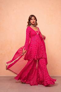 Pink Polka Dot Traditional Indian Pakistani Women's Floor-Length Anarkali Suit With Dupatta Wedding Wear - Product Image 3