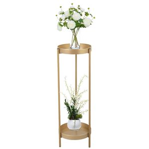 Support de plantes pliable moderne à 2 niveaux en métal, polyvalent pour plantes en pot d'intérieur/extérieur avec 2 plateaux ronds, tables de chevet dorées - Product Image 1