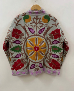 Veste en velours gris brodée Suzani ethnique pour femme, style vintage, motif floral médaillon, style cachemire, ouverte sur le devant, doublée, pour l'hiver, vente en gros - Product Image 4