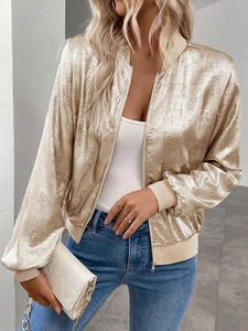 Chaqueta Bomber de Terciopelo Dorado para Mujer, al por Mayor OEM, con Cierre, Cuello Alto, Manga Larga, Color Sólido, Chaqueta de Moda - Product Image 5