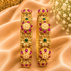 JeweleMarket Elegant Traditional Gold Plated Crystal Rhinestone Freshwater Pearl Ethnic <b>Bangles</b> <b>Set</b> for Women-Maharashtra Origin - Product Image 1