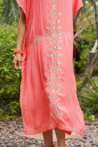 Coral Embroidered Organza Floral Print Breathable V-neck <b>Kaftan</b> Dress Boho <b>Beach</b> Cover up Loose Fit Resort Wear Summer Maxi - Product Image 4