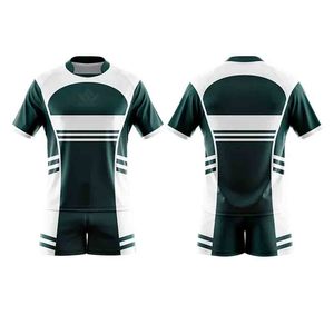 Ensemble de maillot de rugby personnalisé vert et blanc pour homme, manches courtes, col rond, polyester sublimé, évacuation de l'humidité, uniforme sportif pour équipe adulte - Product Image 1