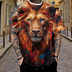 T-shirt à imprimé graphique 3D Lion par sublimation - Style peinture à l'huile artistique, streetwear décontracté, manches courtes, col rond, haut tendance - Product Image 4