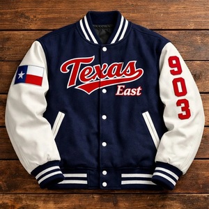 Chaqueta Universitaria Letterman Texas Azul Marino y Blanca |   Cuello Alto, Invierno, Logotipo Frontal, Ecológico, Tallas Personalizables - Product Image 1