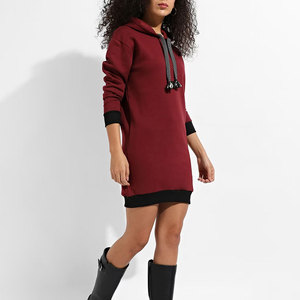 Vestido con capucha para mujer, de color sólido, manga larga, informal, de punto de algodón, con cordón y cremallera, con bolsillo tipo canguro. - Product Image 3