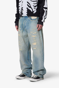 Jeans en denim pour homme de haute qualité, personnalisés, bleu délavé vintage, déchirés, coupe large, style streetwear, hip-hop, Y2K, OEM ODM, coton - Product Image 4