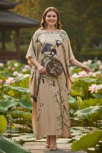 <b>Womens</b> Printed Kaftan Maxi Loose Fit Regular Floor-Length Eco-Friendly 100% Cotton Elegant Floral Bird Print <b>Resort</b> Evening <b>Wear</b> - Product Image 2