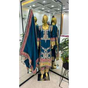 DESIGNER CHINON BRODERIE CODAGE SEQUENCE TRAVAIL HAUT BAS AVEC DUPATTA BLEU - Product Image 1