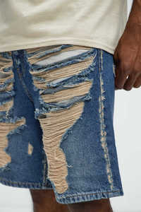 OEM FOG Stock Drop Shipping Pantalones cortos de mezclilla para hombre con parches, costuras rasgadas, cintura media y agujeros rotos - Product Image 3