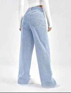 Jean taille haute à jambes larges pour femme, mélange de coton, coupe droite, denim, tendance, confortable, tenue décontractée - Product Image 3