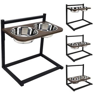 Adjustable Elevated Double Dog Bowl Stand with 2 Stainless Steel Feeding Bowls Wooden Top Raised Pet Food & Water Feeder for Dog - Product Image 1