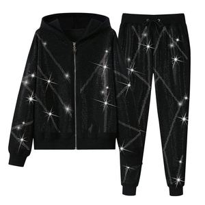 Ensemble de survêtement léger pour femme, noir, à capuche, 100 % coton écologique, avec cordon de serrage, manches longues, décontracté, été - Product Image 1