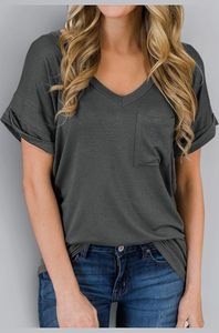 T-shirt d'été décontracté pour femme avec poches, couleur macaron, style urbain, manches courtes, col en V, coupe ajustée - Product Image 3