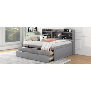 Cama capitán de madera gris claro de tamaño completo con estanterías integradas y tres cajones de almacenamiento, incluye cama nido - Product Image 5