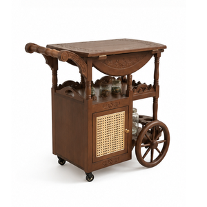 Handmade Solid Teak Wood <b>Serving</b> <b>Trolley</b> Cart With Rattan Door Vintage Kitchen Bar Cart Storage Furniture for Cafe Restaurant - Product Image 4