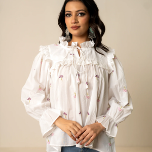 Sukoon <b>White</b> <b>Tie</b>-Front Embroidered Cotton <b>Top</b> for Women with Ruffle Neck | Long Sleeve Casual Summer Wear Wholesale Exporters - Product Image 1