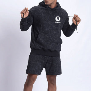 Ensemble court tendance pour homme, sweat à capuche délavé, toucher doux, look élégant, 100 % coton avec doublure polaire - Product Image 1