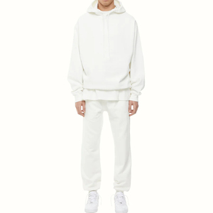 Survêtement blanc à capuche, pantalon de survêtement long, couleur unie, style décontracté, coupe ample, 100% coton, style automne - Product Image 1