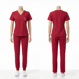 Women Scrub Uniform 180 GSM Poly Cotton Teal Blue V Neck Pocket Design Embroidered Custom Logo Medical Wear Set - Product Image 2
