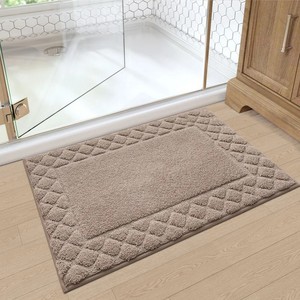 Tapis de bain en coton épais, motif géométrique rectangulaire, dos antidérapant en caoutchouc, style classique, usage domestique, beige - Product Image 3