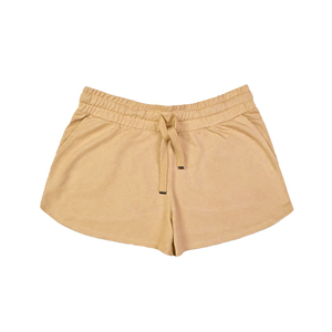 Shorts en tissu éponge pour femme, taille mi-haute, coupe sportive, taille élastique, bouton, séchage rapide, marron, coton, respirant, tissu tricoté - Product Image 2