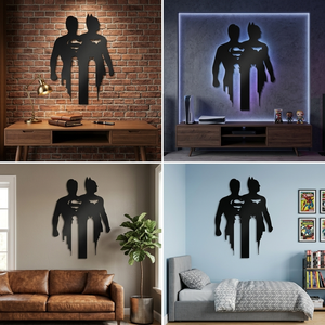 Décoration murale en métal moderne : Silhouettes de super-héros Batman et Superman dos à dos, découpées au laser, pour la décoration de la cave des hommes ou des salles de jeux - Product Image 3