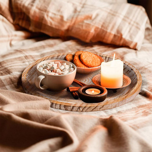 Plateau rond en bois, lot de 2 plateaux de style fermier pour la cuisine ou le salon, café, fruits, table décorative - Product Image 6