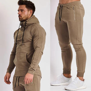 Ensemble de survêtement kaki pour homme, sweat-shirt à capuche à manches longues, poches latérales, fermeture à cordon, vêtement décontracté respirant, coupe ajustée, 100% coton, 2 pièces - Product Image 1