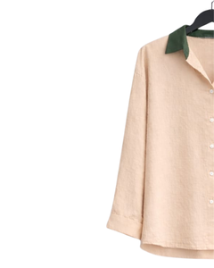 Conjunto de pijama de lino y algodón para mujer, color beige y verde, camisa con botones y bolsillo bordado y pantalones con cordón, conjunto informal para estar en casa - Product Image 3