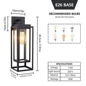 Lampada da Parete per Esterni da 18 Pollici, Lanterna Impermeabile, Robusta Gabbia Doppia Rettangolare, Nero Satinato con Vetro Trasparente, 220V AC - Product Image 4