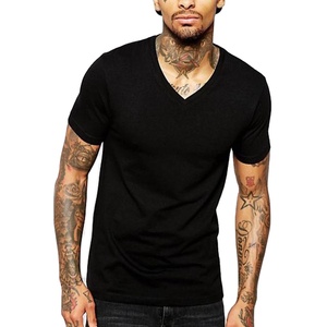 T-shirt en coton noir à col en V pour homme, coupe ajustée, manches courtes, jersey décontracté, couleur unie, haut basique - Product Image 5