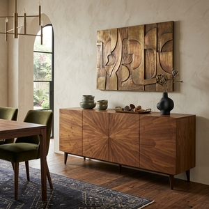 Buffet moderne en bois de noyer et teck avec motif incrusté soleil, armoire à 4 portes, console TV, meuble de rangement pour salon - Product Image 5
