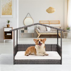 Cuccia per Cani in Rattan con Cuscino e Tettoia Impermeabile - Product Image 4